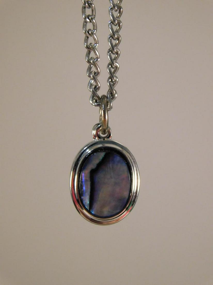 ABALONE SHELL CABOCHON PENDANT WITH CHAIN ROCK STONE: ABALONE SHELL CABOCHON PENDANT WITH CHAIN ROCK STONE LAPIDARY SPECIMEN