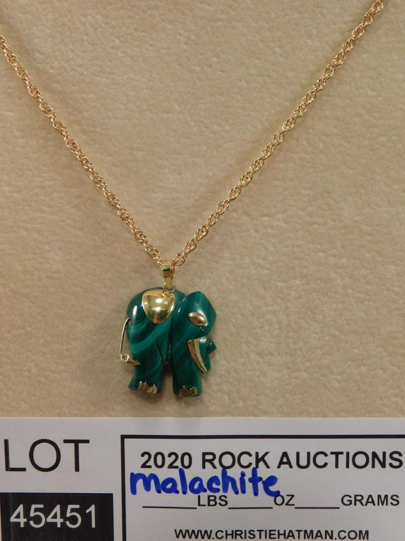 MALACHITE ELEPHANT PENDANT WITH CHAIN ROCK STONE: MALACHITE ELEPHANT PENDANT WITH CHAIN ROCK STONE LAPIDARY SPECIMEN