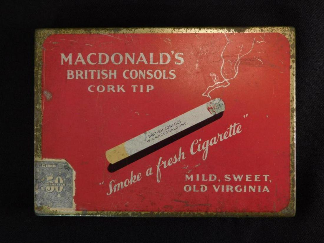 MACDONALD'S BRITISH CONSOLS CIGARETTE TIN ANTIQUE: MACDONALD'S BRITISH CONSOLS CIGARETTE TIN ANTIQUE VINTAGE ADVERTISING