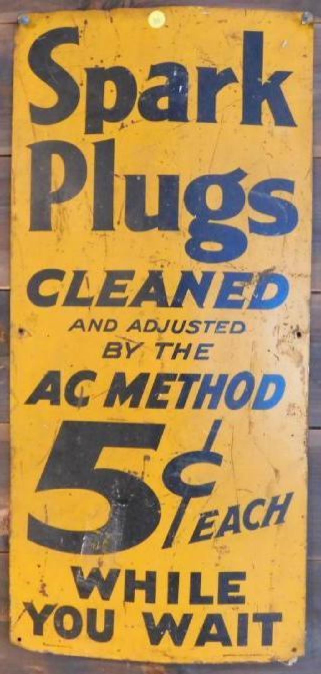 SPARK PLUGS CLEANED 5 CENTS ADVERTISING SIGN VINTAGE: THANK YOU FOR ATTENDING TODAY'S AUCTION, which features Advertising, Guns, Petroliana, Coins, Toys, Ephemera, Primitives, & Americana. Items in this auction will be available for preview in Mammoth Sp