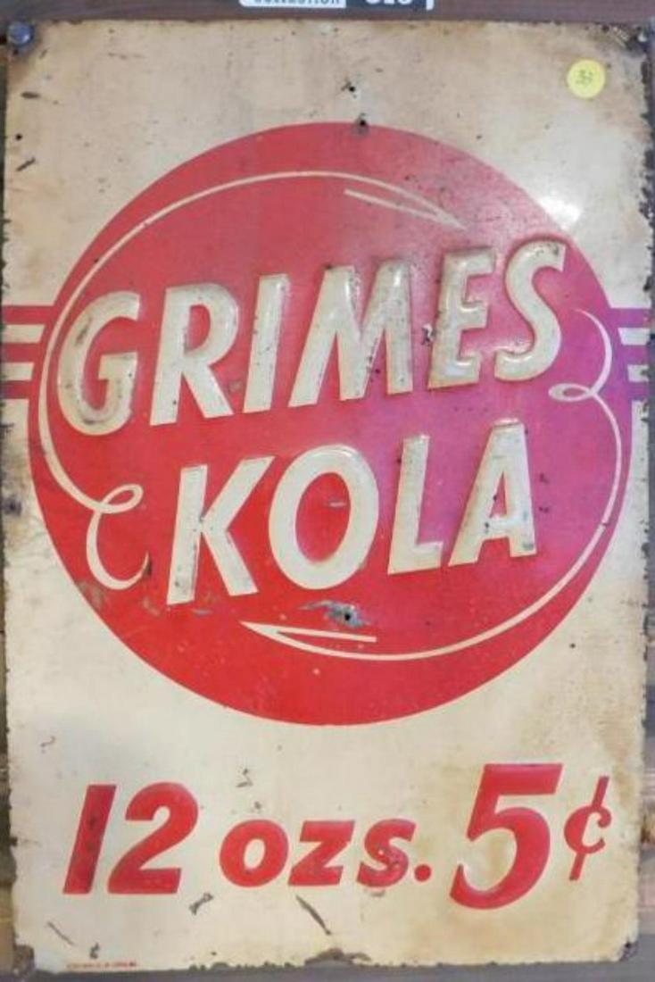 GRIMES KOLA 5 CENTS ADVERTISING SIGN VINTAGE ANTIQUE: THANK YOU FOR ATTENDING TODAY'S AUCTION, which features Advertising, Guns, Petroliana, Coins, Toys, Ephemera, Primitives, & Americana. Items in this auction will be available for preview in Mammoth Sp