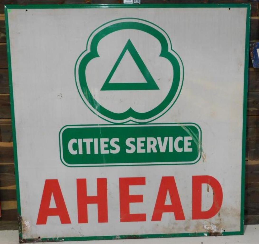 CITIES SERVICES AHEAD ADVERTISING SIGN VINTAGE ANTIQUE: THANK YOU FOR ATTENDING TODAY'S AUCTION, which features Advertising, Guns, Petroliana, Coins, Toys, Ephemera, Primitives, & Americana. Items in this auction will be available for preview in Mammoth Sp