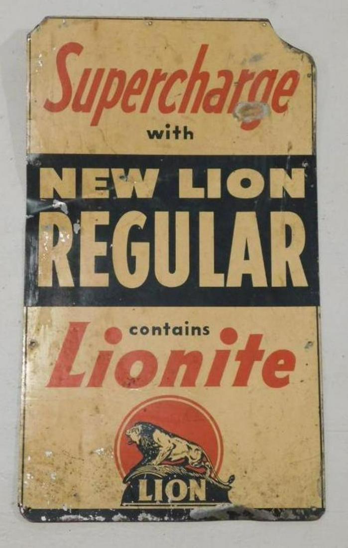 LION OILS LIONITE SUPERCHARGE ADVERTISING SIGN: THANK YOU FOR ATTENDING TODAY'S AUCTION, which features Advertising, Guns, Petroliana, Coins, Toys, Ephemera, Primitives, & Americana. Items in this auction will be available for preview in Mammoth Sp