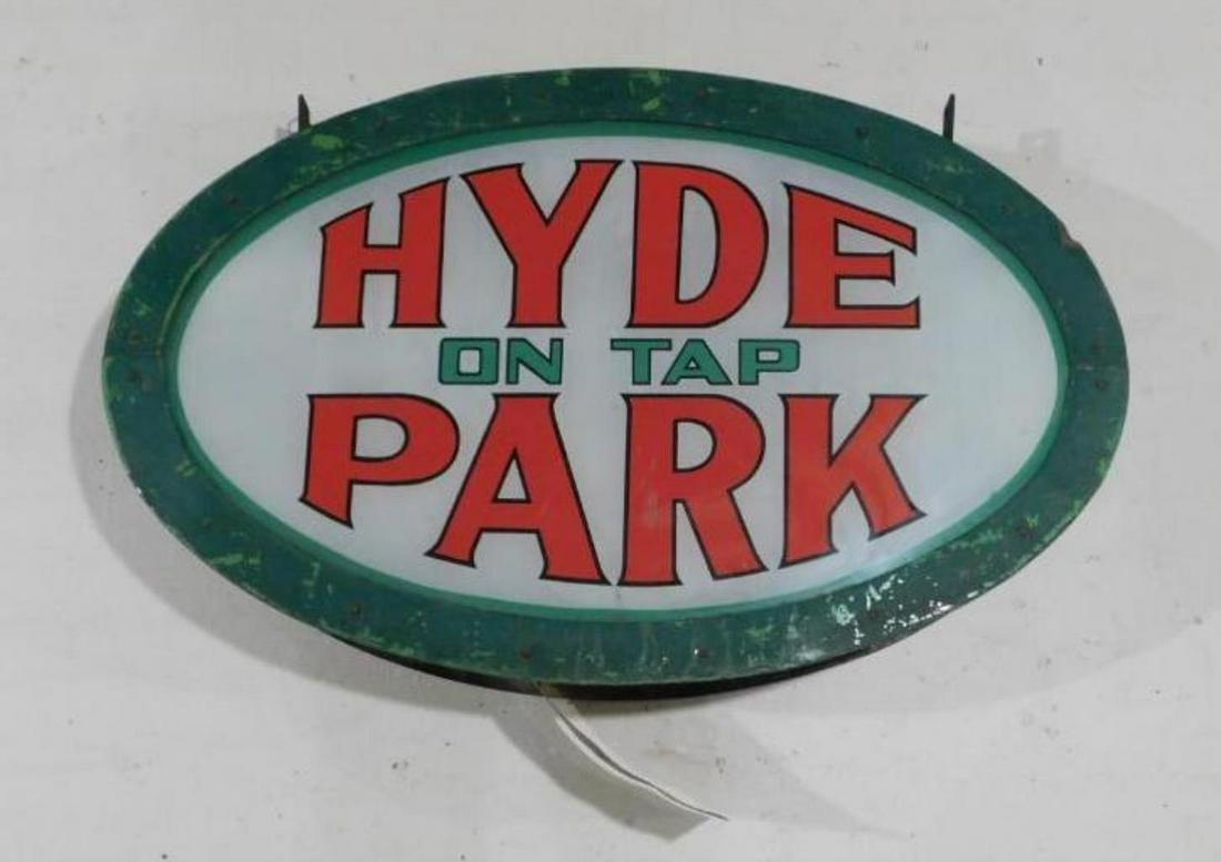 HYDE PARK ON TAPE DOUBLE SIDED GLASS INSERT LIGHTED: THANK YOU FOR ATTENDING TODAY'S AUCTION, which features Advertising, Guns, Petroliana, Coins, Toys, Ephemera, Primitives, & Americana. Items in this auction will be available for preview in Mammoth Sp