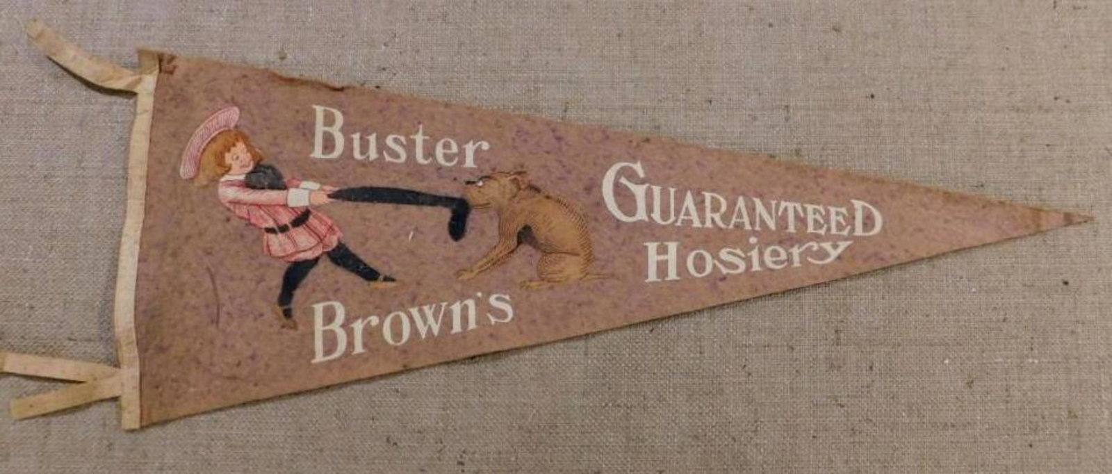 BUSTER BROWN'S GUARANTEED HOSIERY PENNANT SIGN VINTAGE: BUSTER BROWN'S GUARANTEED HOSIERY PENNANT SIGN VINTAGE ANTIQUE ADVERTISING