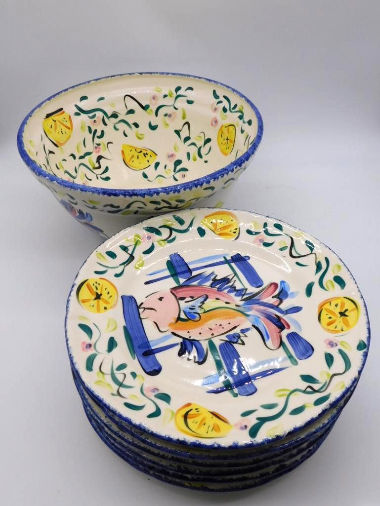 SERVEWARE SET AMY DIXON LG BOWL AND PLATES: Thank you for attending HATMAN AUCTIONS! This auctions consists of antiques, art, glassware, pottery, artifacts, rocks, minerals, gems , fossils and jewelry lots. Please see photos for measurements an