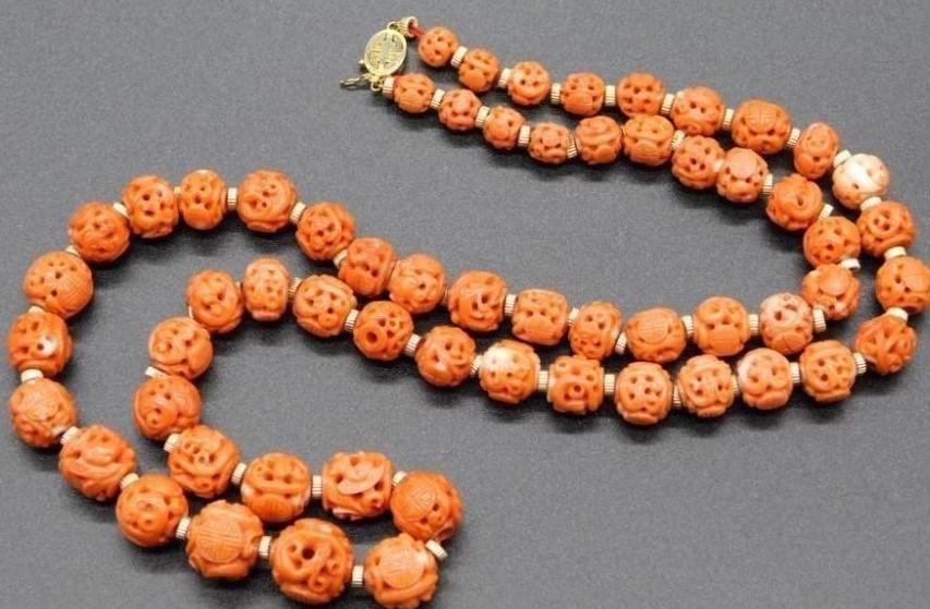 ORNATE SALMON CARVED CORAL NECKLACE 95 GRAMS 14K GOLD (1 of 20)