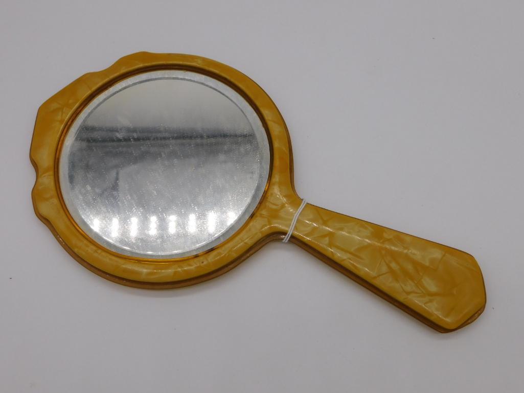 VINTAGE HAND MIRROR ANTIQUE CELLULOID: Thank you for attending HATMAN AUCTIONS! This auctions consists of antiques, art, glassware, pottery, artifacts, rocks, minerals, gems , fossils and jewelry lots. Please see photos for measurements an
