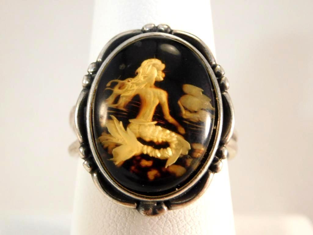 CARVED AMBER MERMAID RING ADJUSTABLE RARE FIND HANDMADE (1 of 6)