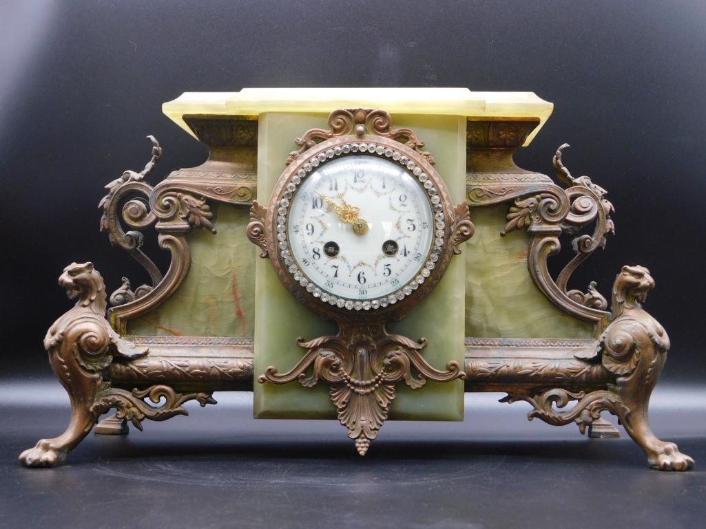 FRENCH PORCELAIN FACED GRIFFIN ONYX CLOCK  ANTIQUE& (1 of 12)
