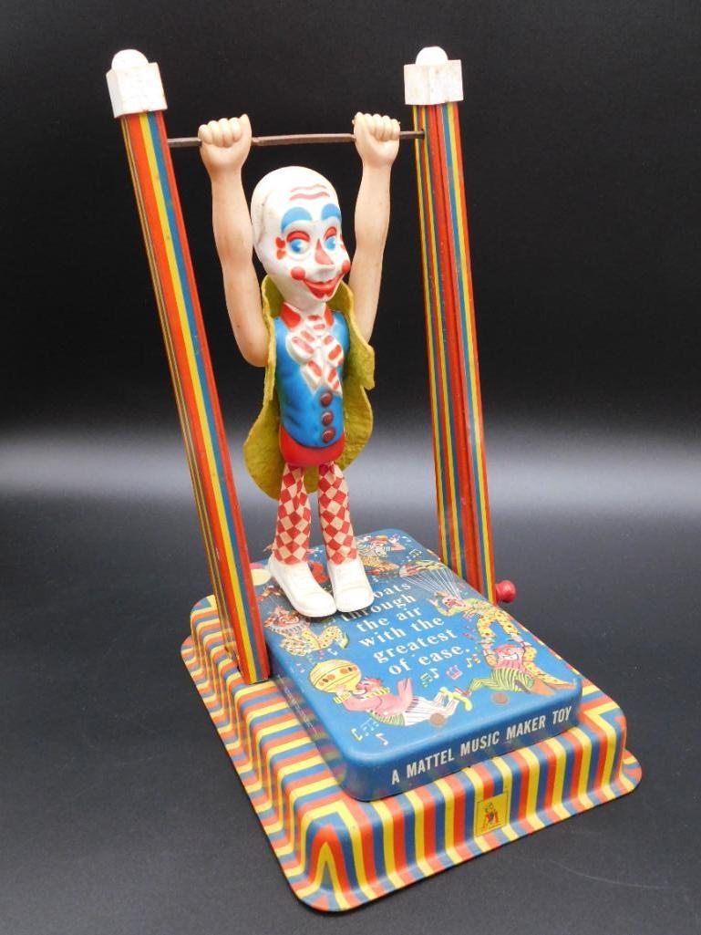 MATTEL MUSIC MAKER TIN TOY CLOWN ON TRAPEZE  ANTIQUE& (1 of 6)