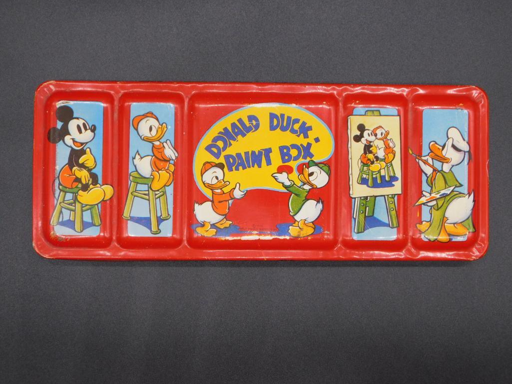 DONALD DUCK PAINT BOX WITH ORIGINAL PAINT TIN TOYS, (1 of 3)