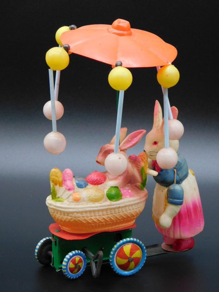 RABBIT WITH BABY CART EASTER TIN TOYS, WIND UP, ACTION (1 of 4)