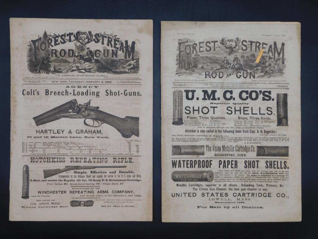 1882 EXCELLENT FOREST & STREAM ROD & GUN HUNTING: 1882 EXCELLENT FOREST & STREAM ROD & GUN HUNTING FISHING NEWSPAPER 1553 *** 1800S KENTUCKY RIFLE GUNPOWDER TIN 1555