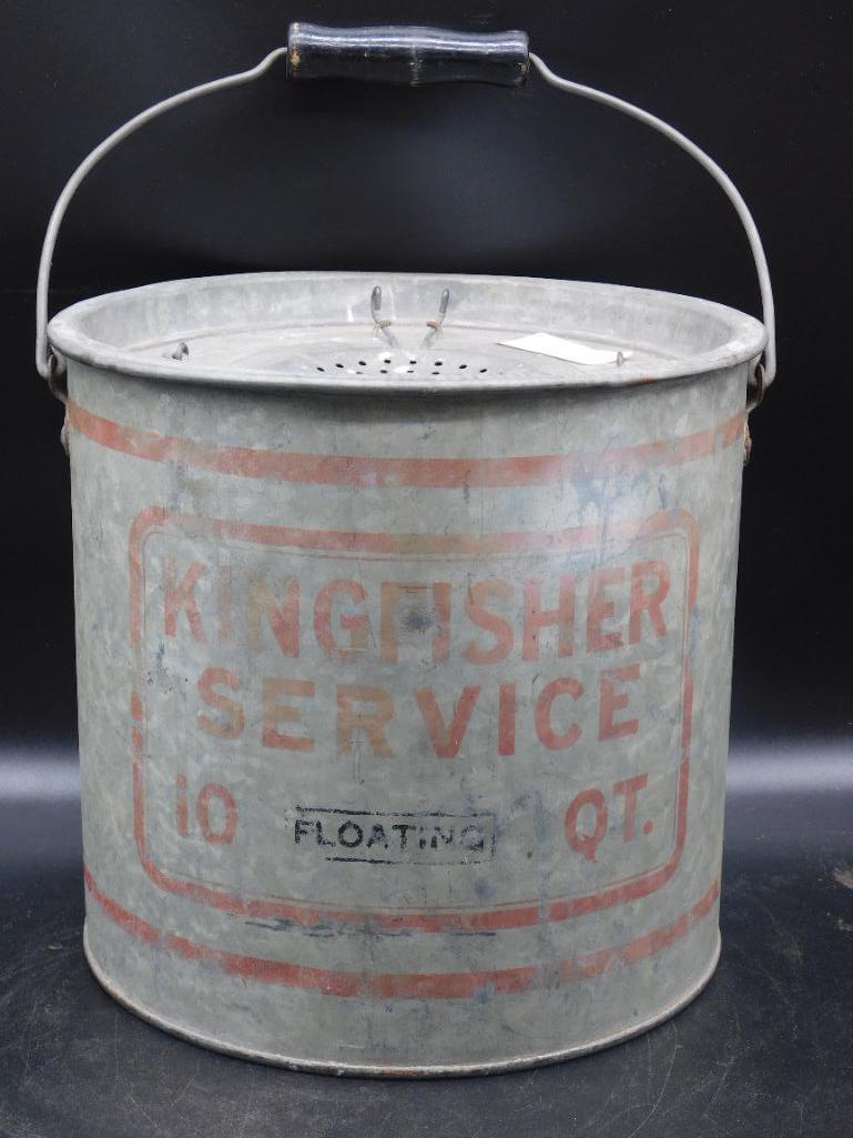 KINGFISHER SERVICE MINNOW BUCKET VINTAGE ANTIQUE: KINGFISHER SERVICE MINNOW BUCKET VINTAGE ANTIQUE *** FALLS CITY MINNOW BUCKET VINTAGE ANTIQUE