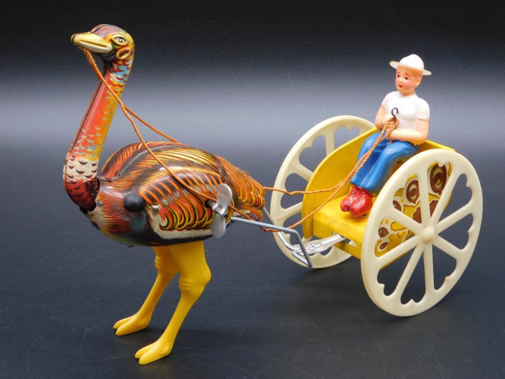 OSTRICH CART WITH DRIVER VINTAGE ANTIQUE TIN TOY (1 of 3)