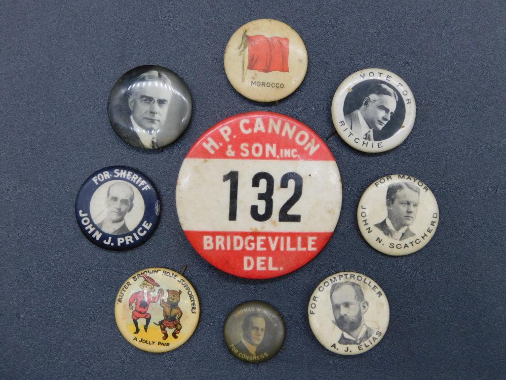 VINTAGE POLITICAL PINS ANTIQUE VINTAGE: VINTAGE POLITICAL PINS ANTIQUE& VINTAGE Thank you for attending HATMAN AUCTIONS! SPECIAL NOTICE: Many items are PICK UP ONLY on Tuesday. SEE NOTE! Please see photos for measurements and descriptions.