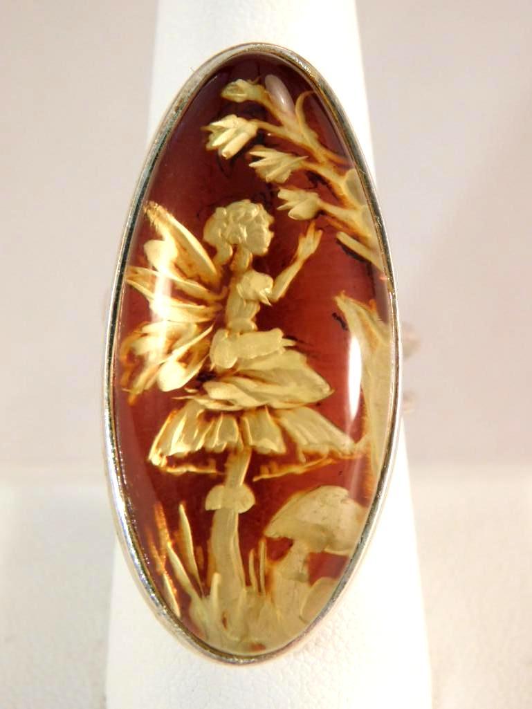 CARVED AMBER FAIRY RING ADJUSTABLE RARE HANDMADE (1 of 6)