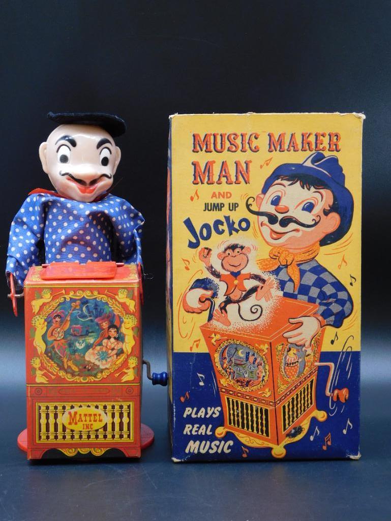 1952 MUSIC MAKER MAN AND JUMP UP JOCKO TOY WITH ORIGINAL BOX VINTAGE ANTIQUE (1 of 5)