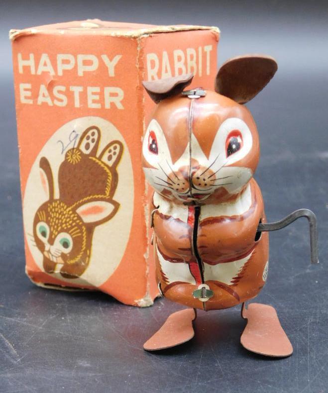 HAPPY EASTER RABBIT METAL WIND-UP TIN TOY WITH ORIGINAL BOX VINTAGE ANTIQUE (1 of 3)
