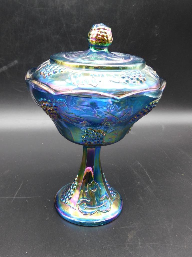 BLUE HARVEST GRAPE CARNIVAL GLASS FOOTED COMPOTE CANDY DISH WITH LID VINTAGE ANTIQUE (1 of 3)