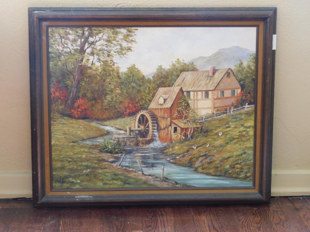 FRAMED SIGNED WANDA LALIMER 35X30 COTTAGE AND MILL OIL PAINTING VINTAGE ANTIQUE: FRAMED SIGNED WANDA LALIMER 35X30 COTTAGE AND MILL OIL PAINTING VINTAGE ANTIQUE