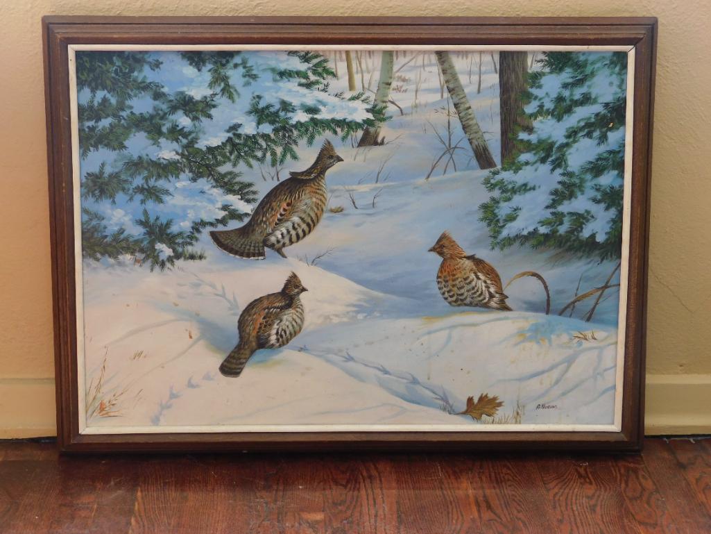 FRAMED A NUCUM HEMLOCK HIDEAWAY 24X36 QUAIL OIL PAINTING VINTAGE ANTIQUE (1 of 5)