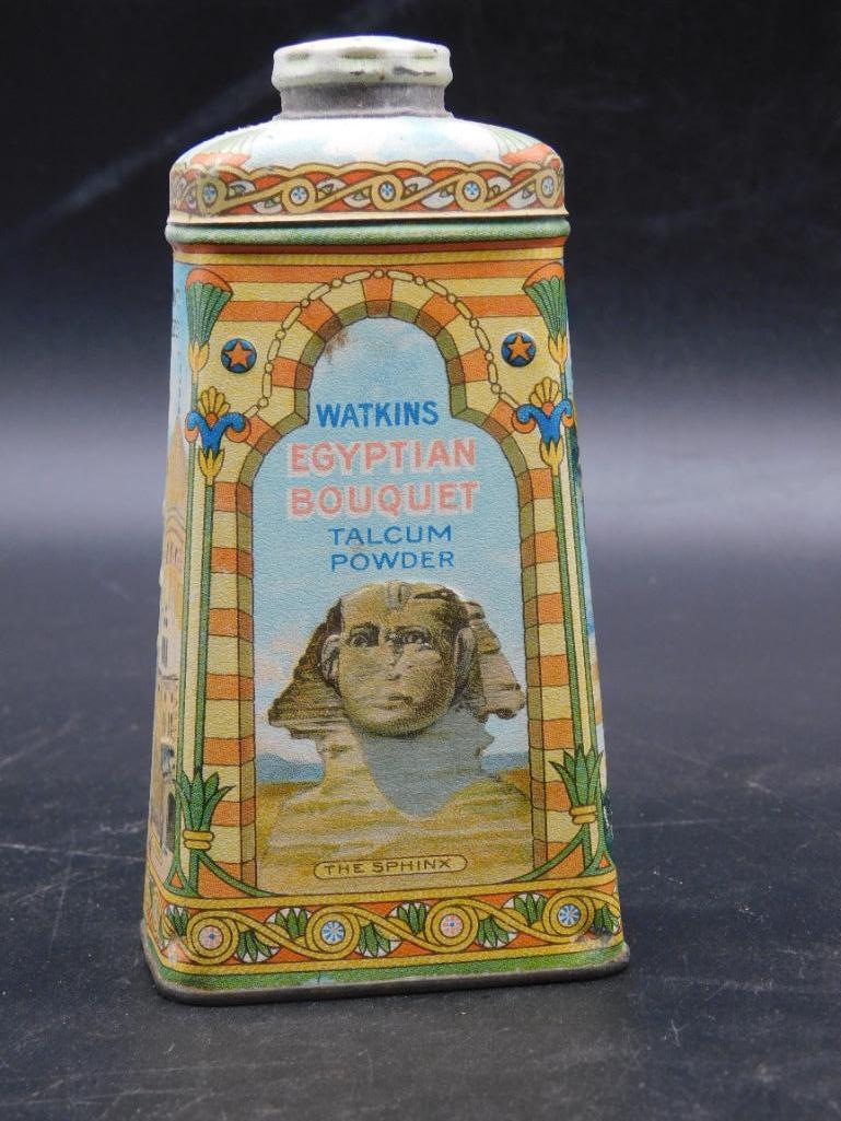WATKINS EGYPTIAN BOUQUET TALCUM POWDER TIN VINTAGE ANTIQUE: WATKINS EGYPTIAN BOUQUET TALCUM POWDER TIN VINTAGE ANTIQUE