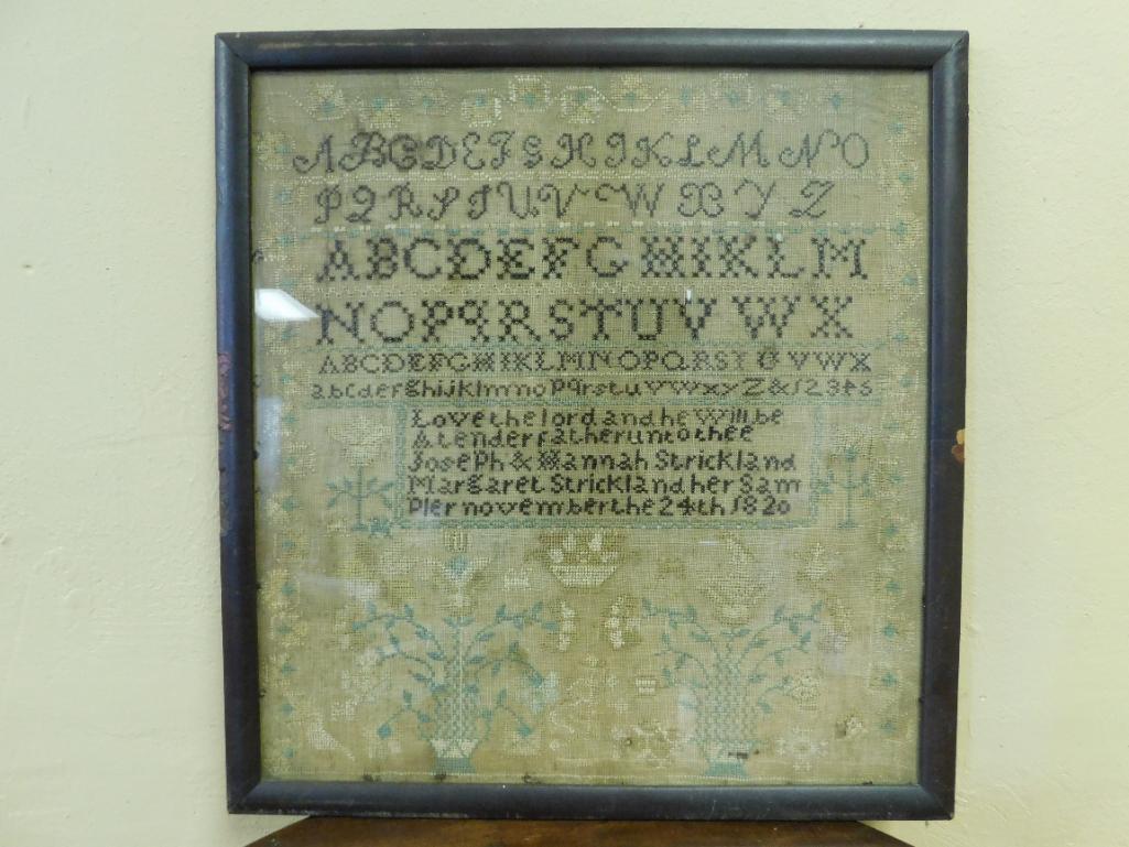 FRAMED ANTIQUE CROSS STITCH PRIMITIVE SAMPLER NEEDLEWORK (1 of 6)