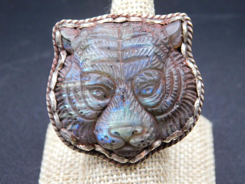 CARVED LABRADORITE ADJUSTABLE RING WITH INTRICATE TOOLING VINTAGE ANTIQUE (1 of 2)