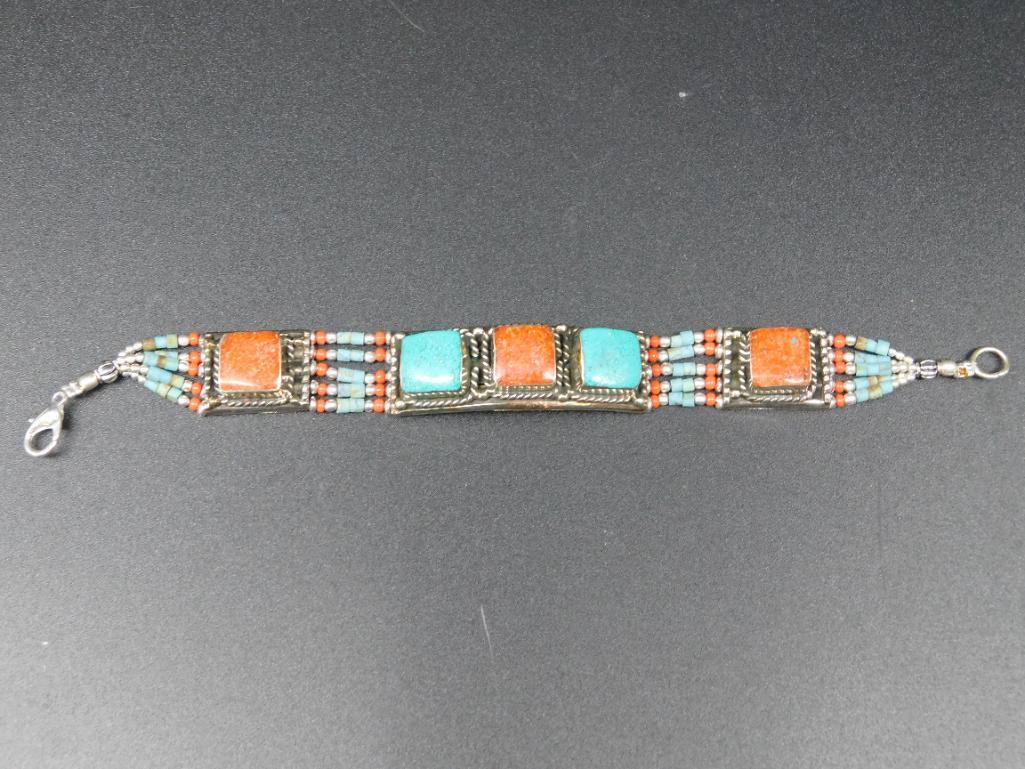 CARNELIAN AND TURQUOISE TIBETAN BRACELET VINTAGE ANTIQUE: CARNELIAN AND TURQUOISE TIBETAN BRACELET VINTAGE ANTIQUE