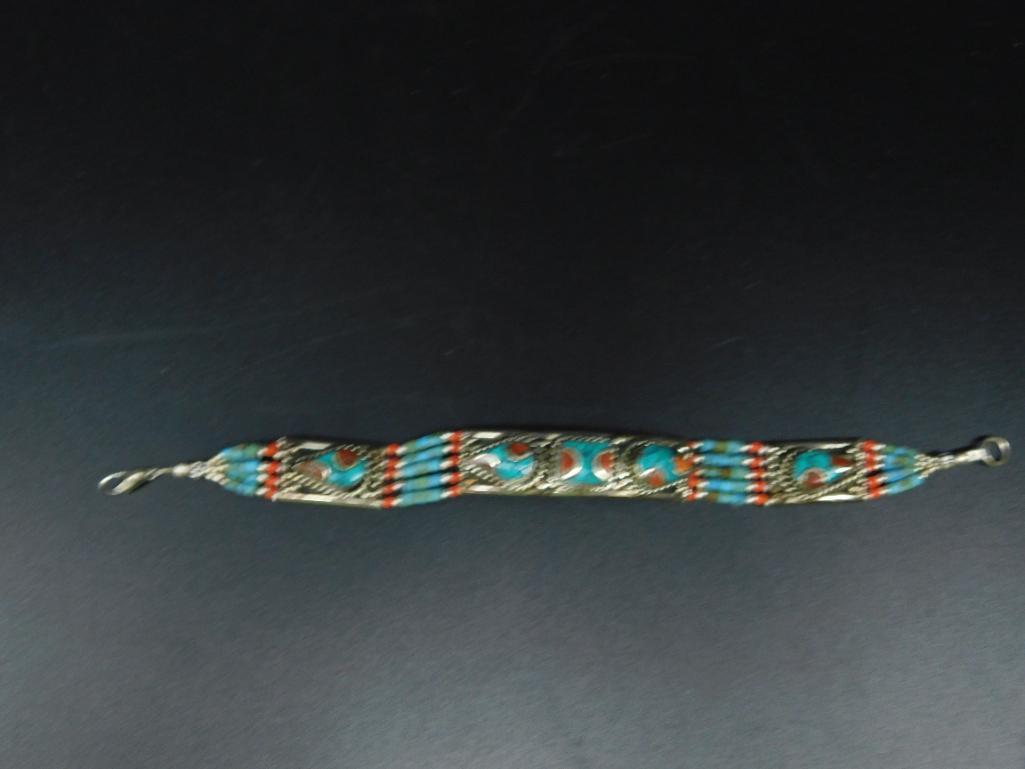TURQUOISE AND CARNELIAN TIBETAN BRACELET VINTAGE ANTIQUE: TURQUOISE AND CARNELIAN TIBETAN BRACELET VINTAGE ANTIQUE