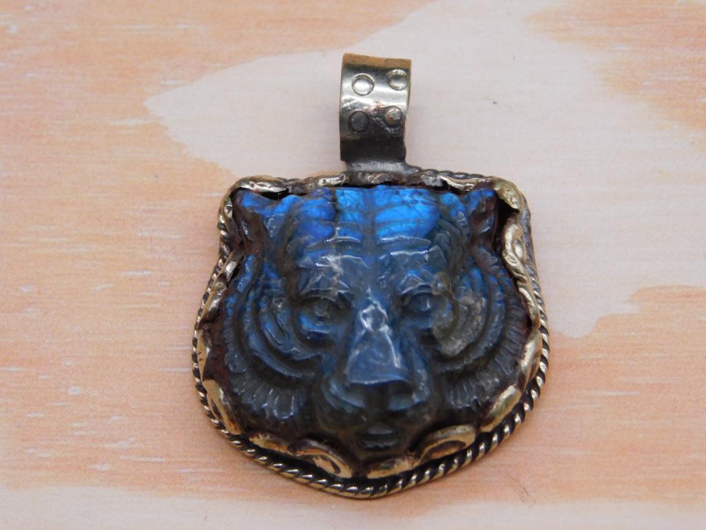 CARVED LABRADORITE TIGER PENDANT WITH INTRICATE TOOLING VINTAGE ANTIQUE (1 of 3)