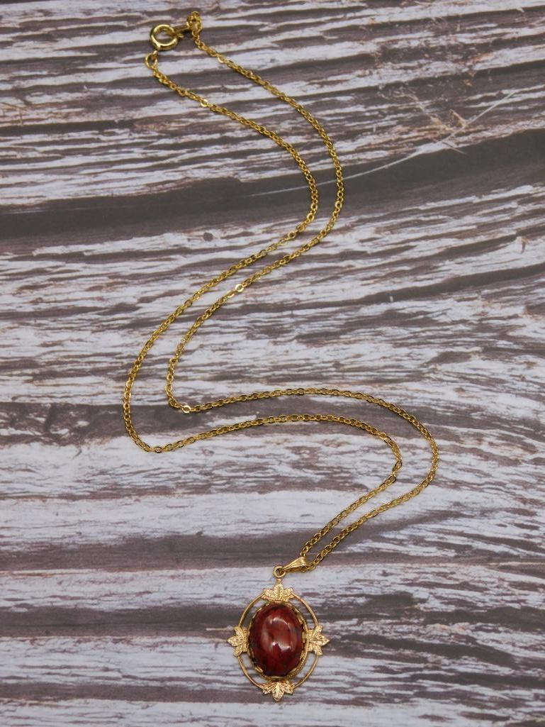 BRECCIATED JASPER PENDANT ON CHAIN NECKLACE VINTAGE ANTIQUE: BRECCIATED JASPER PENDANT ON CHAIN NECKLACE VINTAGE ANTIQUE