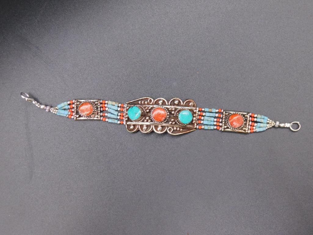 TURQUOISE AND CARNELIAN TIBETAN BRACELET VINTAGE ANTIQUE: TURQUOISE AND CARNELIAN TIBETAN BRACELET VINTAGE ANTIQUE