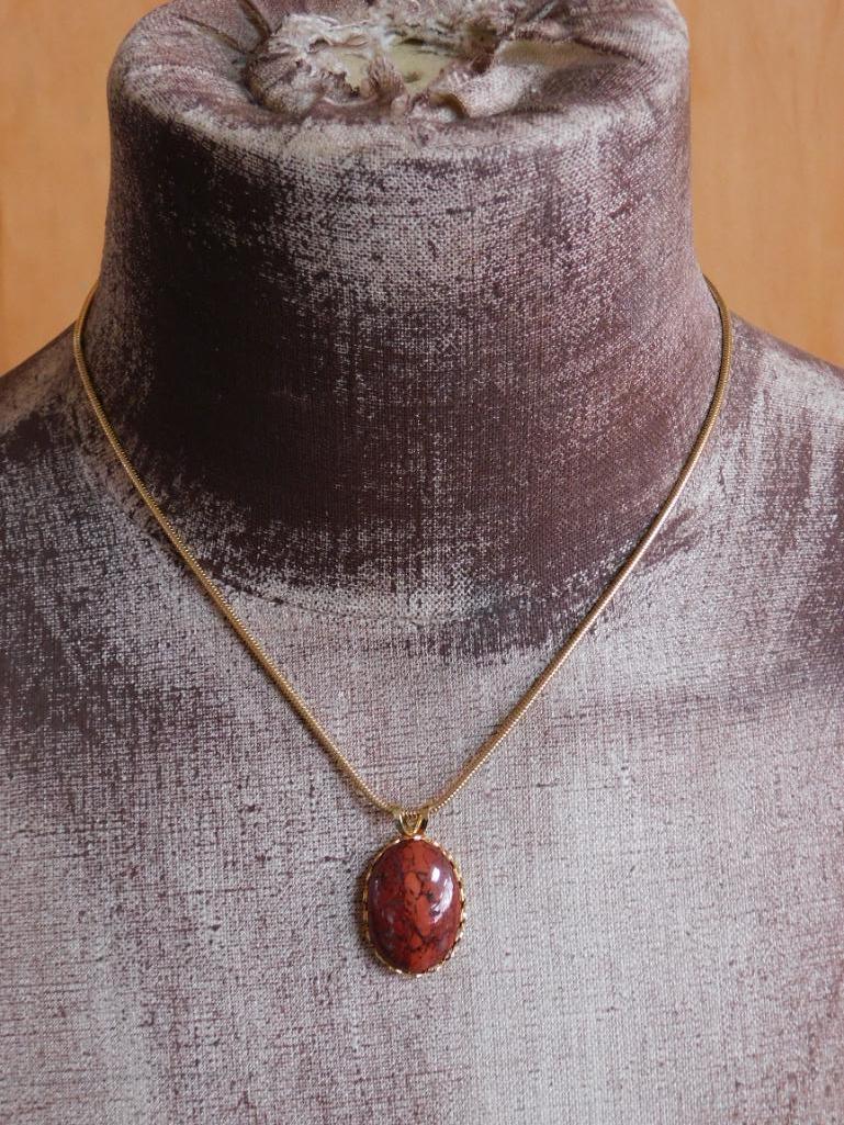 BRECCIATED JASPER PENDANT ON CHAIN VINTAGE ANTIQUE: BRECCIATED JASPER PENDANT ON CHAIN VINTAGE ANTIQUE