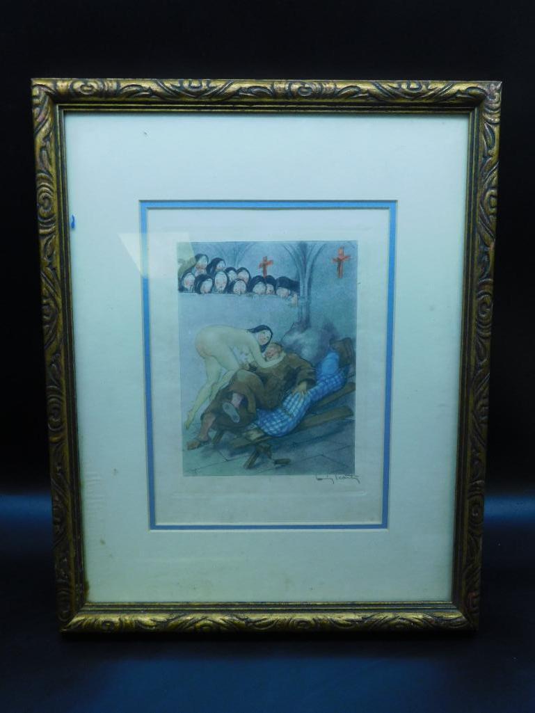 FRAMED RISQUE ARTWORK SIGNED BY ARTIST VINTAGE ANTIQUE (1 of 3)