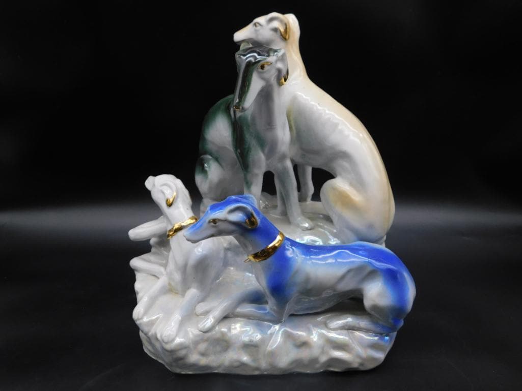 GREYHOUND WHIPPET DOGS CERAMIC SCULPTURE VINTAGE ANTIQUE: GREYHOUND WHIPPET DOGS CERAMIC SCULPTURE VINTAGE ANTIQUE