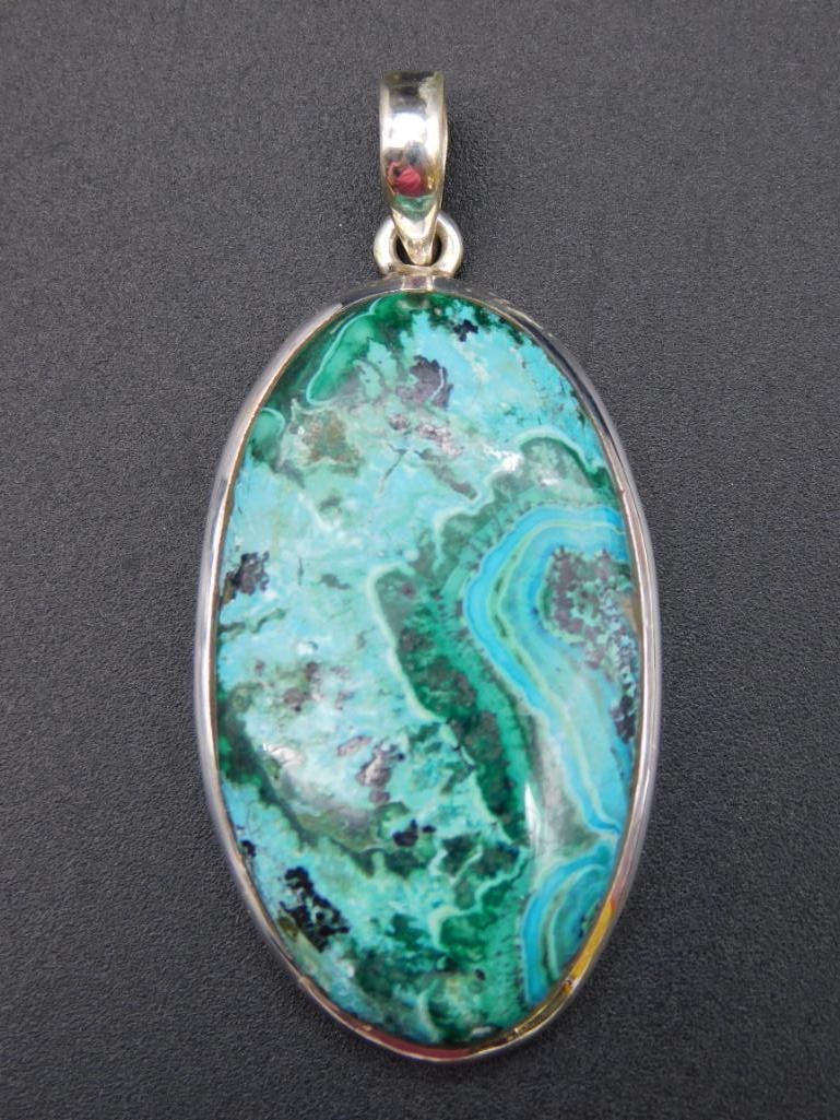 STERLING SILVER MALACHITE CHRYSOCOLLA PENDANT VINTAGE ANTIQUE (1 of 4)