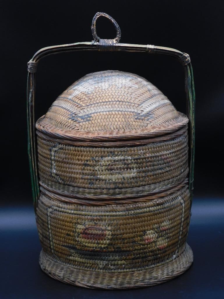 HAND WOVEN PICNIC BASKET VINTAGE ANTIQUE (1 of 7)
