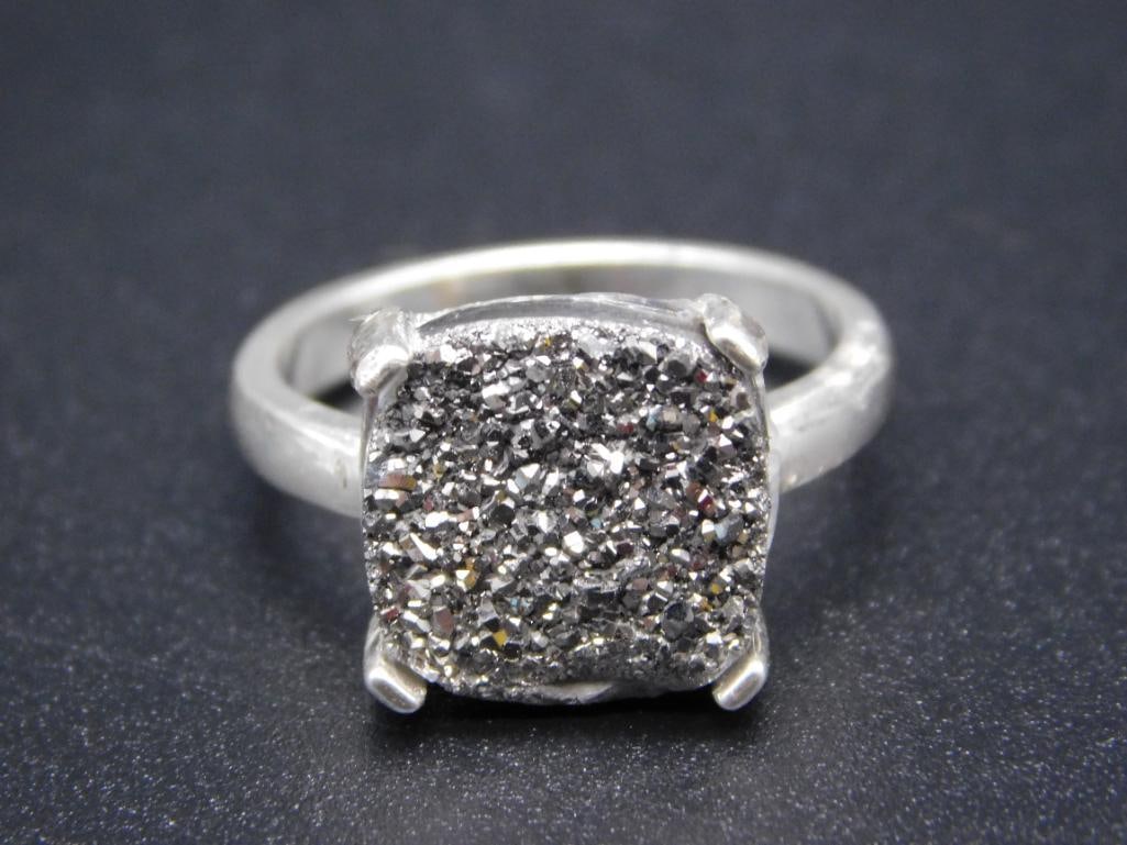 STERLING SILVER PLATINUM DRUZY QUARTZ RING SIZE 7 VINTAGE ANTIQUE (1 of 3)