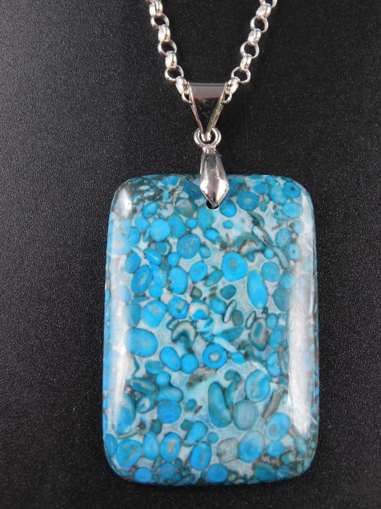 SEA SEDIMENT JASPER PENDANT ON ITALIAN STERLING SILVER ROLO CHAIN VINTAGE ANTIQUE: SEA SEDIMENT JASPER PENDANT ON ITALIAN STERLING SILVER ROLO CHAIN VINTAGE ANTIQUE