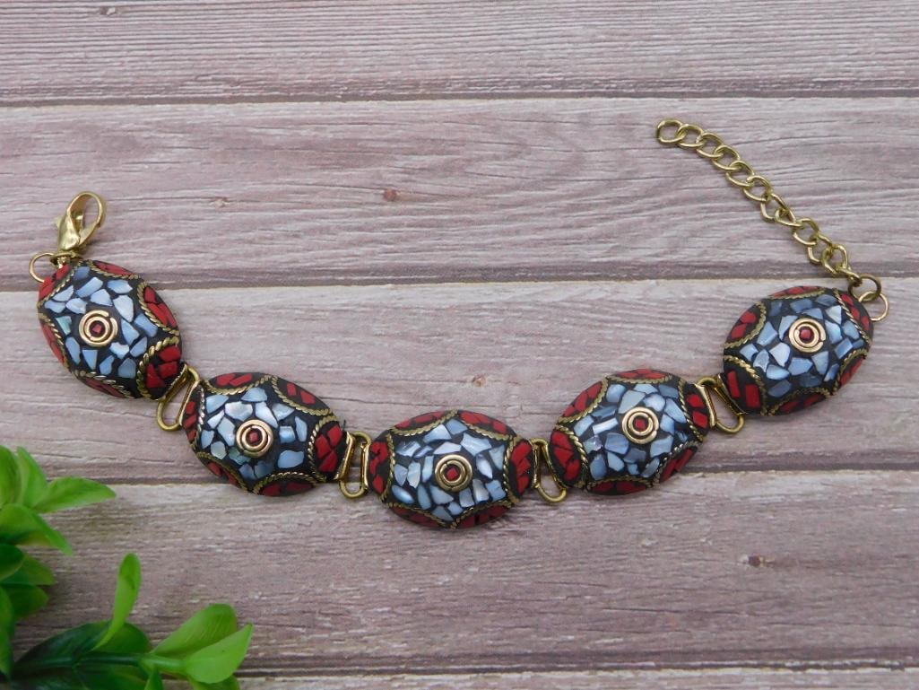 ABALONE AND RED CORAL BRACELET ROCK STONE LAPIDARY SPECIMEN (1 of 3)