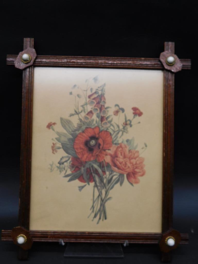 FRAMED FLOWER ARTWORK VINTAGE ANTIQUE (1 of 3)