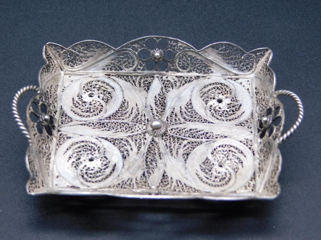 TINY STERLING SILVER FILIGREE TRAY VINTAGE ANTIQUE (1 of 4)
