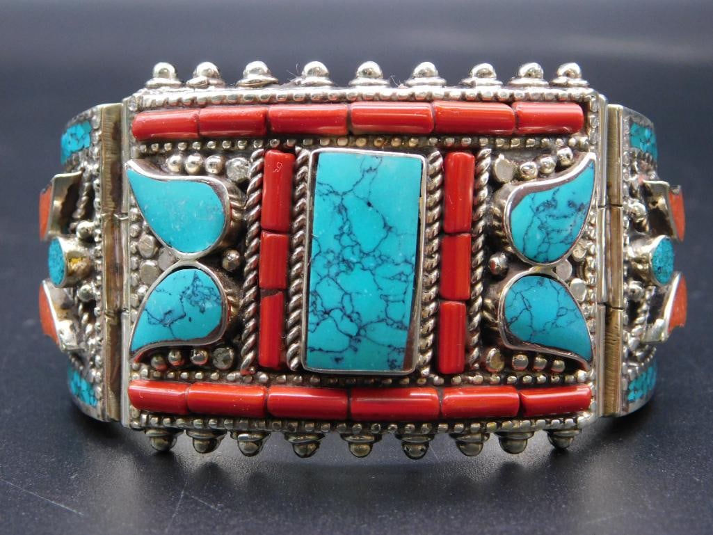 TURQUOISE AND CORAL MIXED STONE METAL CUFF BRACELET (1 of 3)