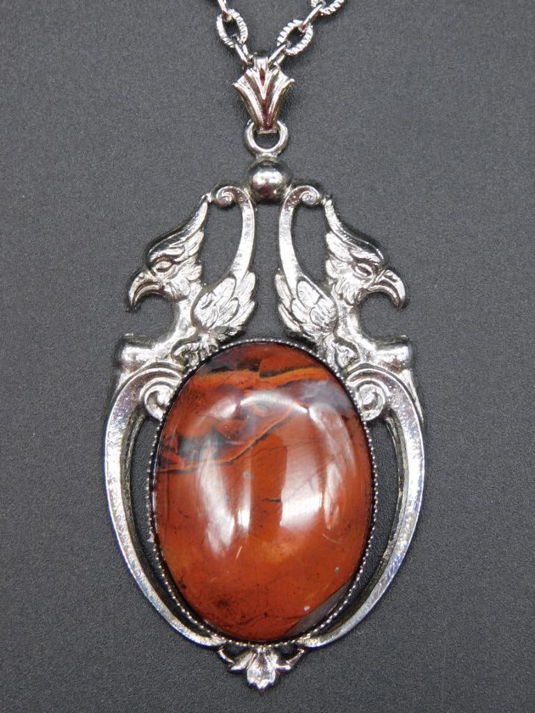 RED JASPER DOUBLE PHOENIX PENDANT ON CHAIN NECKLACE ROCK STONE LAPIDARY SPECIMEN (1 of 4)