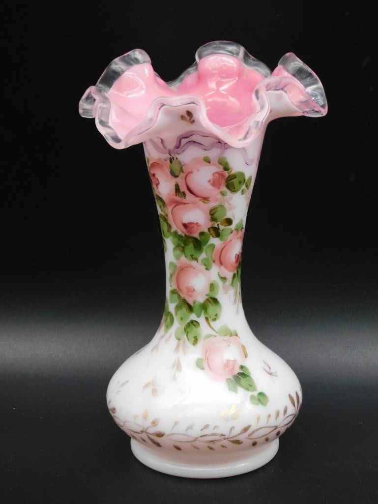 FENTON PEACH CREST RUFFLED GLASS VASE VINTAGE ANTIQUE (1 of 3)