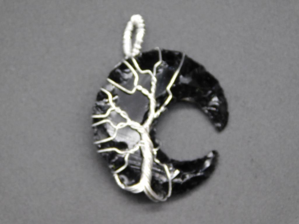 OBSIDIAN MOON WIRE WRAPPED PENDANT ROCK STONE LAPIDARY SPECIMEN (1 of 2)