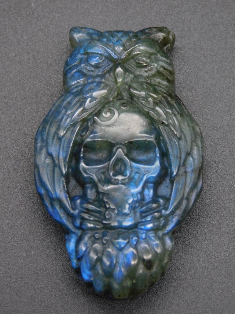 LABRADORITE OWL AND SKULL ROCK STONE LAPIDARY SPECIMEN (1 of 2)